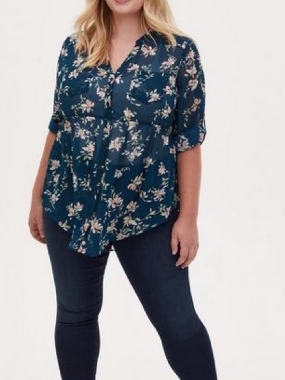 TORRID Emma Babydoll Green Floral Chiffon Tunic Blouse Roll Tab Sleeves Sz 1